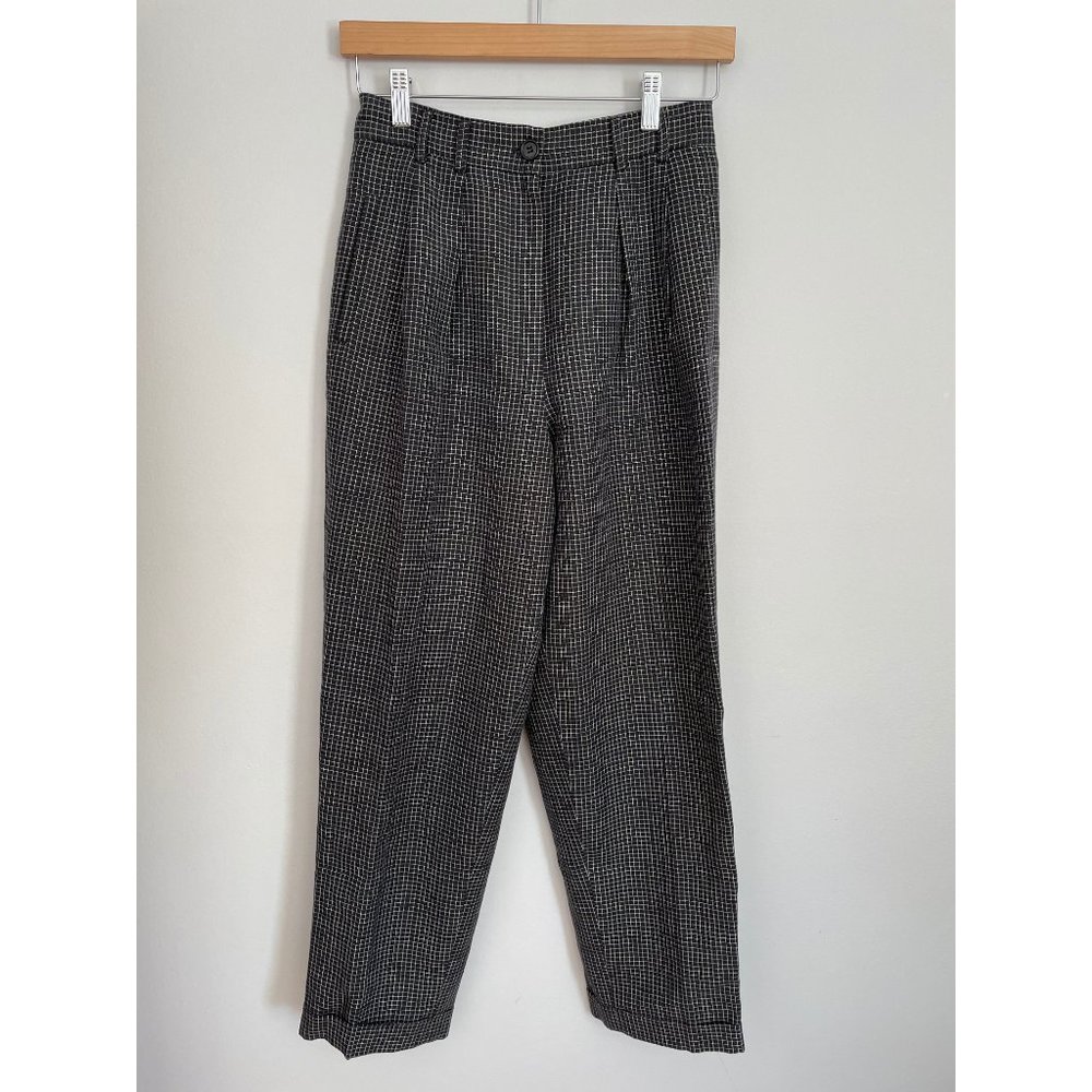 Vintage Saks 5th Avenue Linen-Cotton Charcoal Grid Check Pants, 27" Waist